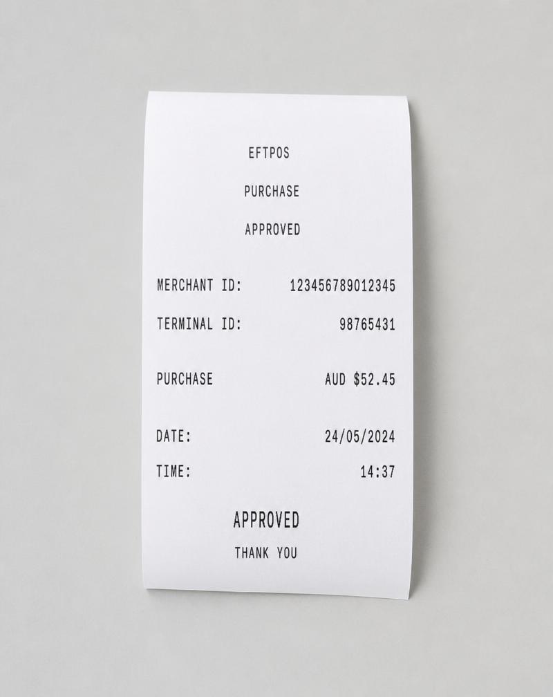 Example EFTPOS receipt showing merchant ID and terminal ID